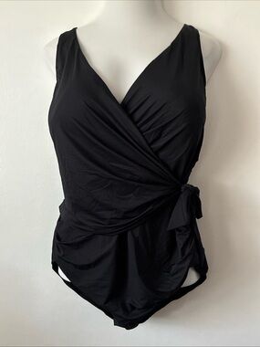 Lands End Swimsuit 24W 1 PC Tummy Slimming V Neck Adjustable Waist Strap Black